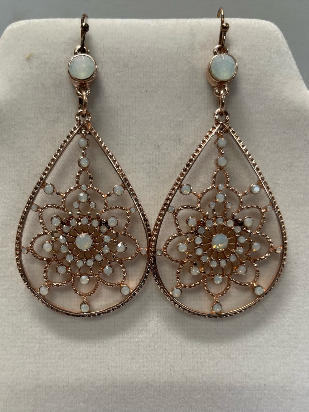 Goldtone Filigree Teardrop Earrings with Opal-style Accents - Women Jewelry